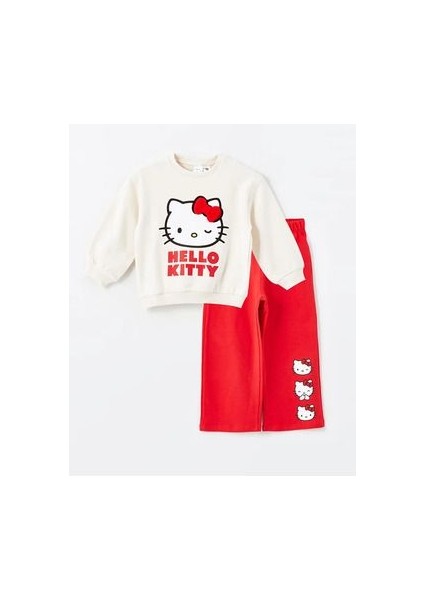 Lcw Baby Krem Bisiklet Yaka Hello Kitty Baskılı Kız Bebek Sweatshirt ve Pantolon 2'li Takım