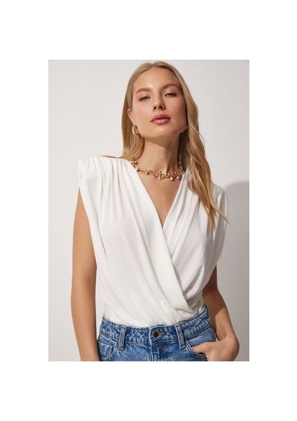 LZH0001 Anvelop Yaka Vatkalı Çıtçıtlı Bluz Ekru