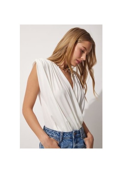 LZH0001 Anvelop Yaka Vatkalı Çıtçıtlı Bluz Ekru