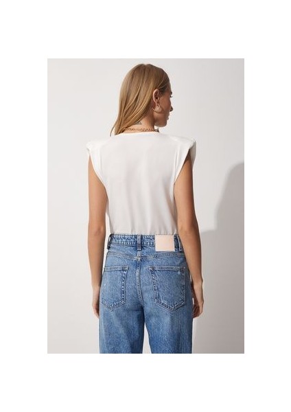 LZH0001 Anvelop Yaka Vatkalı Çıtçıtlı Bluz Ekru