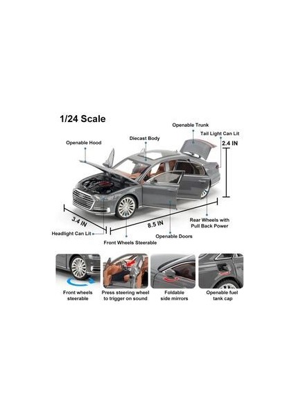 Audi A8 Araba Audi A8 Long Quattro 1:24 Diecast Metal Model Araba Koleksiyon Araba Sesli Işıklı fiyatları