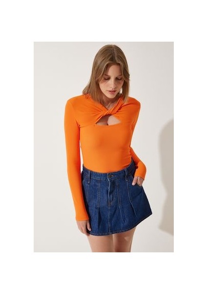 Cut Out Detaylı Fitilli Örme Bluz Oranj
