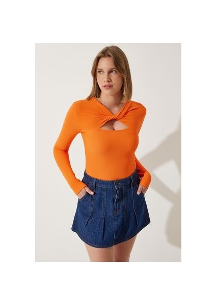 Cut Out Detaylı Fitilli Örme Bluz Oranj