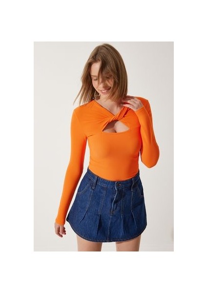 Cut Out Detaylı Fitilli Örme Bluz Oranj