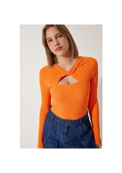 Cut Out Detaylı Fitilli Örme Bluz Oranj