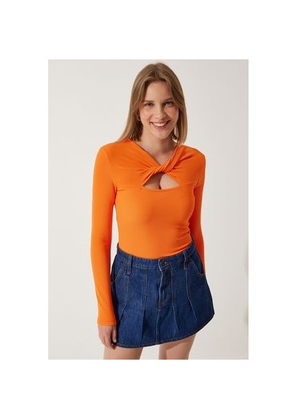 Cut Out Detaylı Fitilli Örme Bluz Oranj