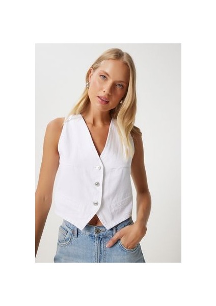 LYL0002 V Yaka Crop Denim Yelek Beyaz