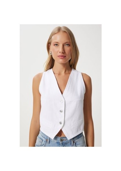 LYL0002 V Yaka Crop Denim Yelek Beyaz fiyatları