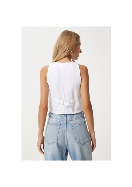 LYL0002 V Yaka Crop Denim Yelek Beyaz fırsatları