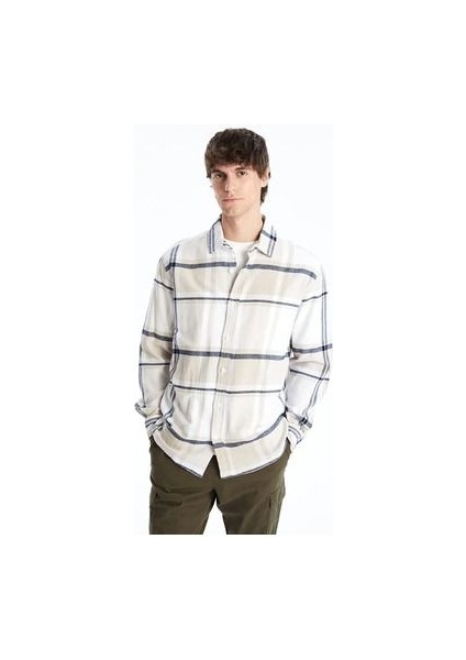 Lcw Casual bej Ekoseli Regular Fit Uzun Kollu Ekose Gabardin Erkek Gömlek