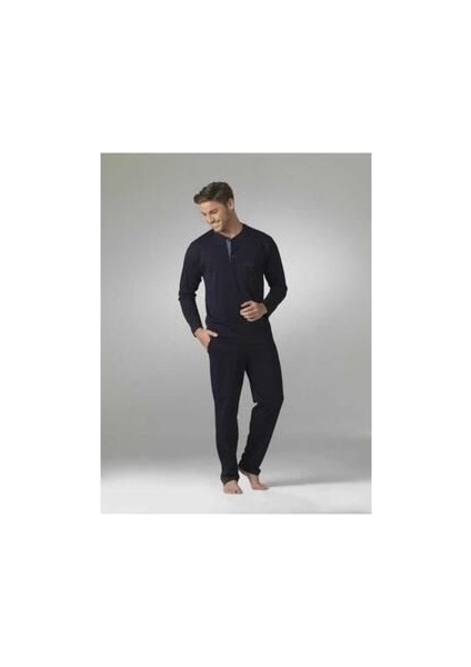 5454 Erkek Uzun Kol Çeyiz Pijama Takım - - Lacivert - M