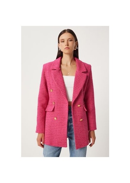 Düğmeli Blazer Tüvit Ceket Koyu Pembe LWF0003