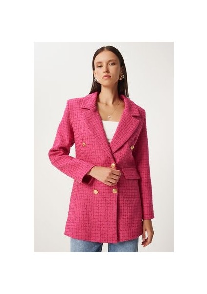 Düğmeli Blazer Tüvit Ceket Koyu Pembe LWF0003
