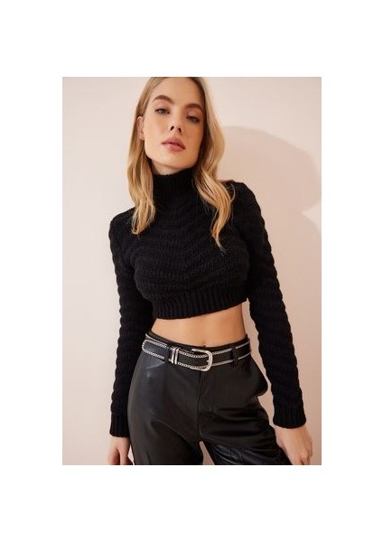 Balıkçı Yaka Ajurlu Crop Triko Kazak Siyah