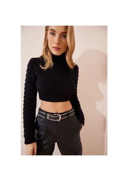 Balıkçı Yaka Ajurlu Crop Triko Kazak Siyah fiyatları