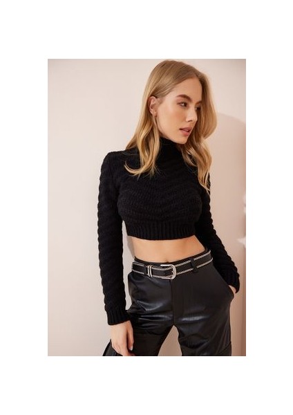 Balıkçı Yaka Ajurlu Crop Triko Kazak Siyah modelleri