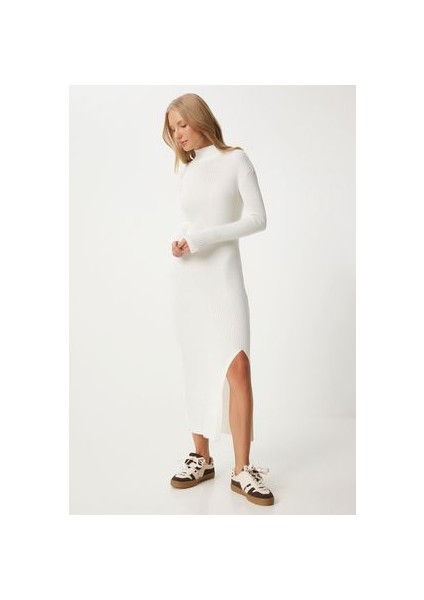 LDD0064 Dik Yaka Yırtmaçlı Saran Triko Elbise Ekru fiyatları
