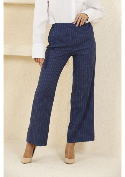 Kadın Yüksek Bel Likralı Çizgili Palazzo Dokuma Pantolon 1087 fiyatları