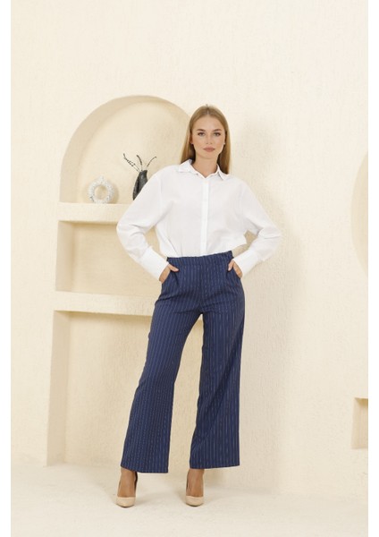 Kadın Yüksek Bel Likralı Çizgili Palazzo Dokuma Pantolon 1087 modelleri