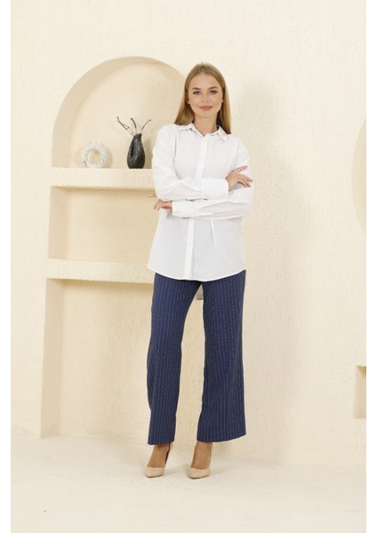 Kadın Yüksek Bel Likralı Çizgili Palazzo Dokuma Pantolon 1087 fırsatları