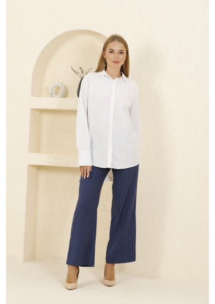 Kadın Yüksek Bel Likralı Çizgili Palazzo Dokuma Pantolon 1087 indirimleri