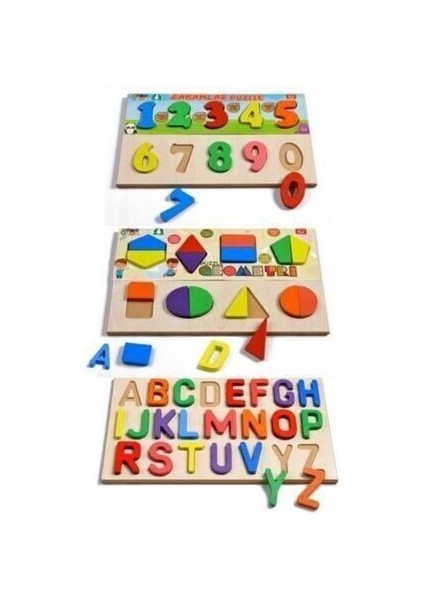 Ahşap Puzzle 3'ü 1 Arada Alfabe Geometri Sayılar Renkli Ahşap Parçalar 10 Parça