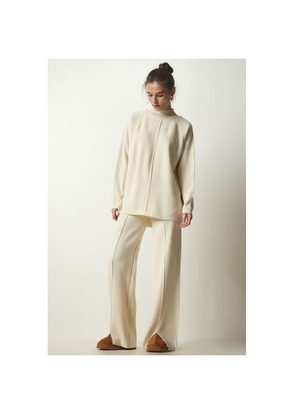 Şık Triko Kazak Pantolon Takım Krem