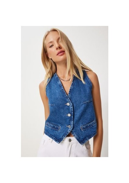LYL0002 V Yaka Crop Denim Yelek Mavi