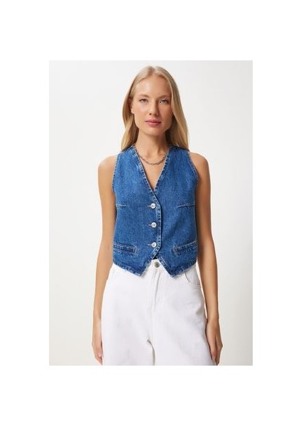 LYL0002 V Yaka Crop Denim Yelek Mavi