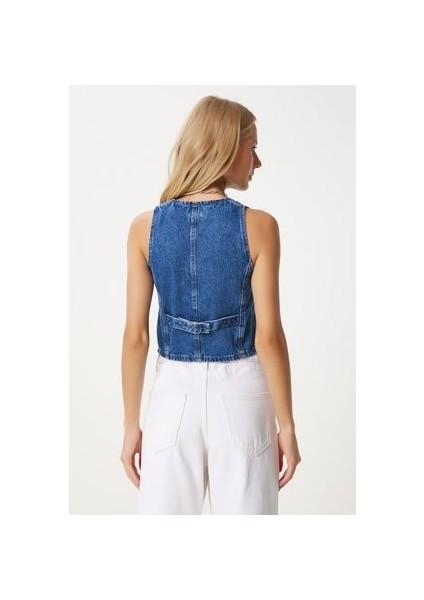 LYL0002 V Yaka Crop Denim Yelek Mavi