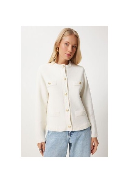 Şık Düğmeli Dokulu Triko Hırka Kemik LDP0009 fiyatları