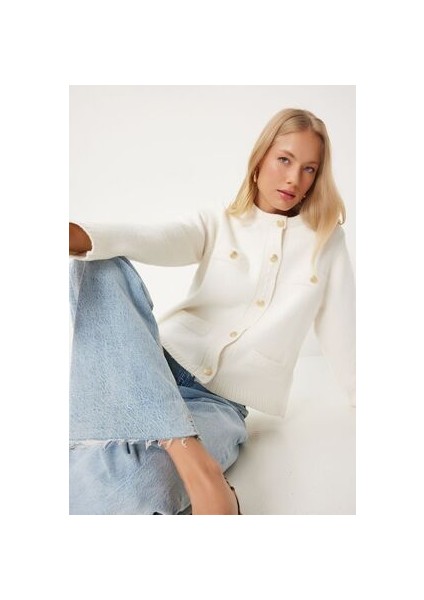 Şık Düğmeli Dokulu Triko Hırka Kemik LDP0009 modelleri