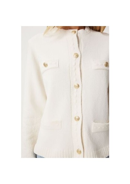 Şık Düğmeli Dokulu Triko Hırka Kemik LDP0009 fırsatları