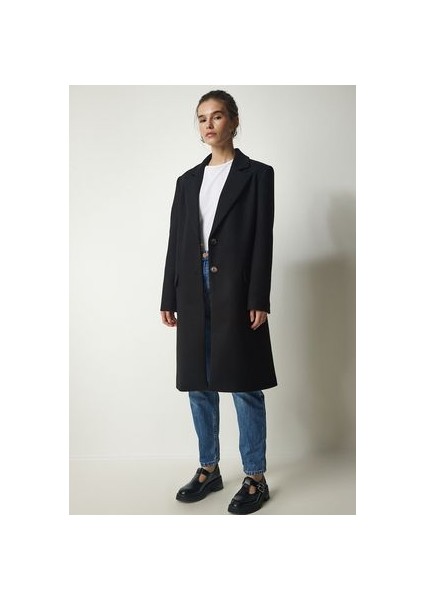 Kruvaze Yaka Düğmeli Kaşe Kaban Siyah