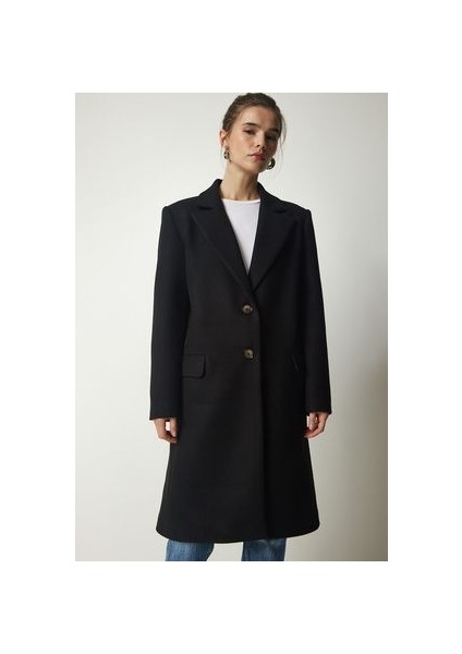 Kruvaze Yaka Düğmeli Kaşe Kaban Siyah fiyatları