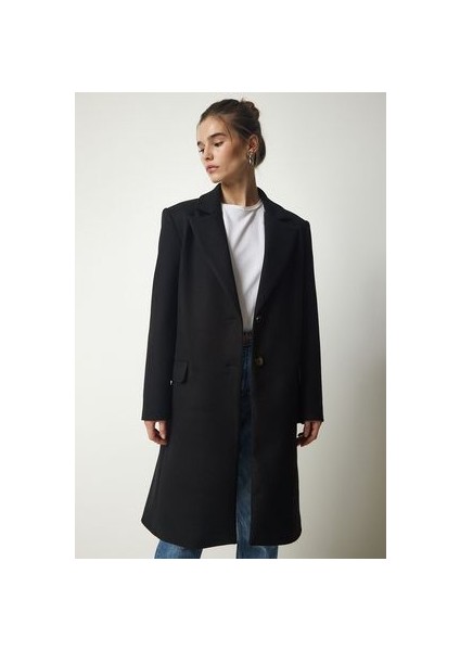 Kruvaze Yaka Düğmeli Kaşe Kaban Siyah modelleri