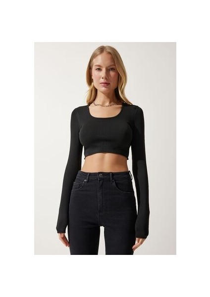 LPF0047 U Yaka Fitilli Crop Triko Bluz Siyah