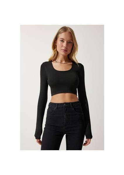 LPF0047 U Yaka Fitilli Crop Triko Bluz Siyah