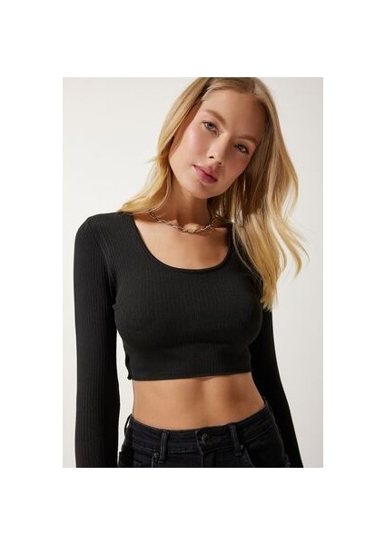 LPF0047 U Yaka Fitilli Crop Triko Bluz Siyah