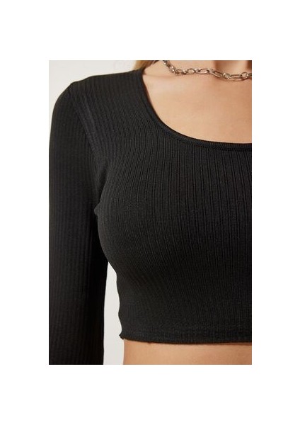 LPF0047 U Yaka Fitilli Crop Triko Bluz Siyah