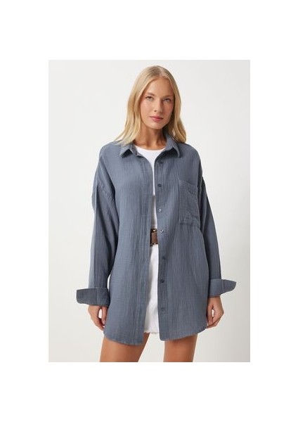 Oversize Basic Müslin Gömlek Antrasit LMX0002