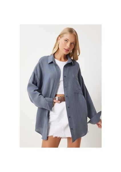 Oversize Basic Müslin Gömlek Antrasit LMX0002