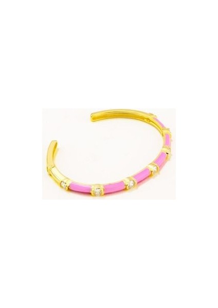 Fuşya Mineli Oval Zirkon Taşlı Açık Handcuff Kelepçe Bileklik