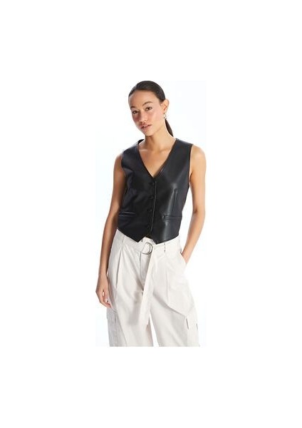 V Yaka Deri Görünümlü Kadın Klasik Yelek