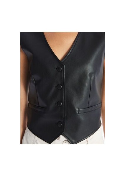 V Yaka Deri Görünümlü Kadın Klasik Yelek fırsatları