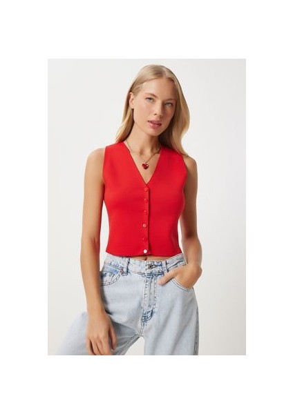V Yaka Triko Yelek Kırmızı LPF0055
