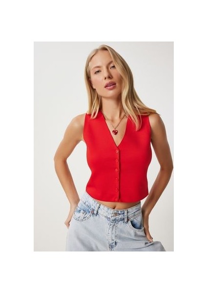 V Yaka Triko Yelek Kırmızı LPF0055 fiyatları