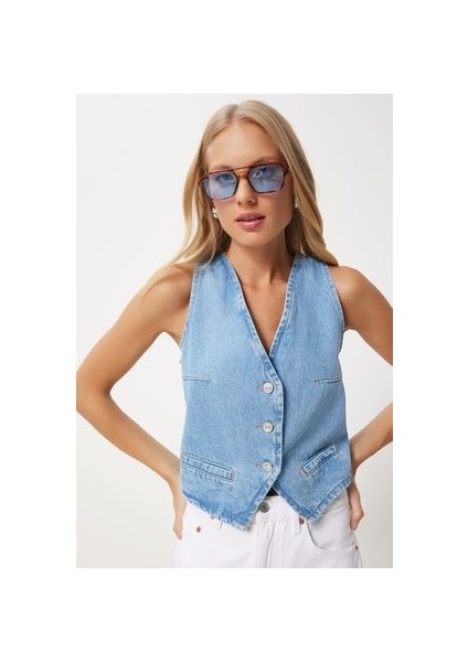 V Yaka Crop Denim Yelek Açık Mavi LYL0002