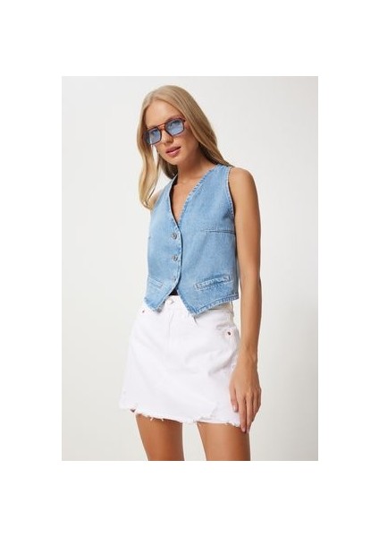 V Yaka Crop Denim Yelek Açık Mavi LYL0002