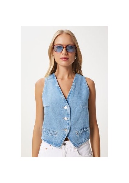 V Yaka Crop Denim Yelek Açık Mavi LYL0002